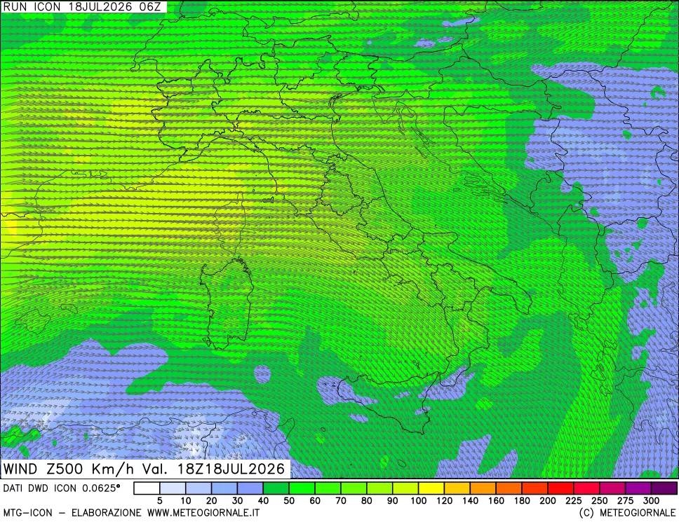 mappa 500 hPa Vento forza e direzione