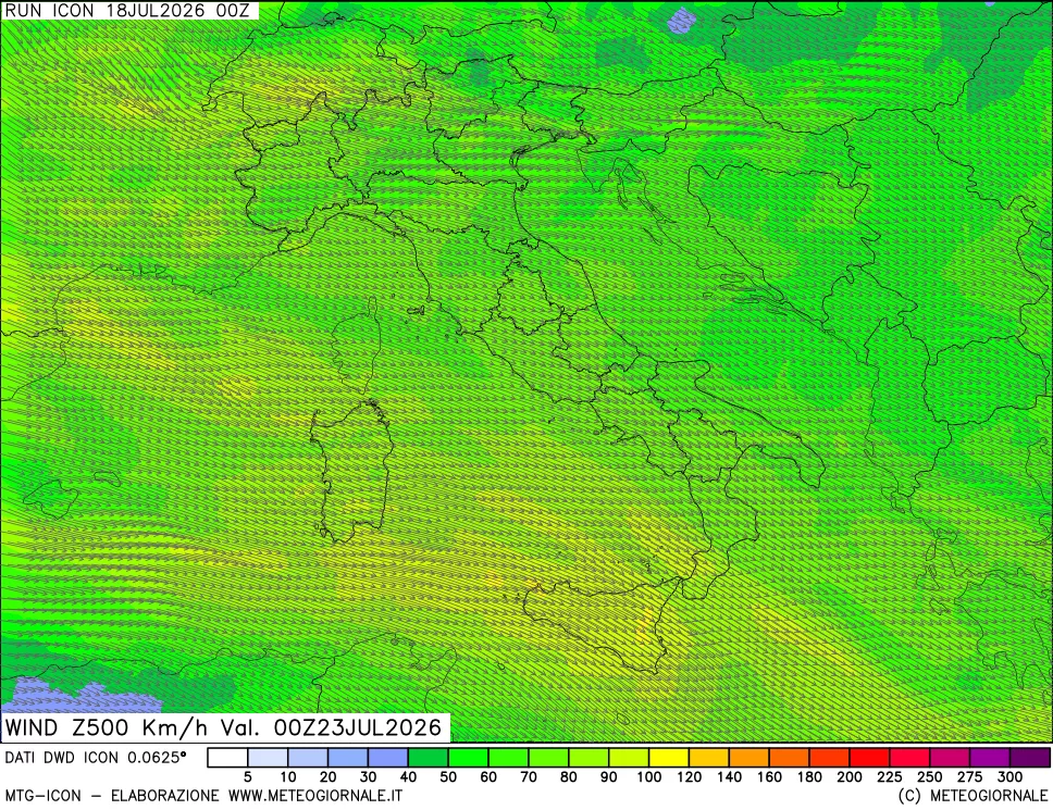 mappa 500 hPa Vento forza e direzione
