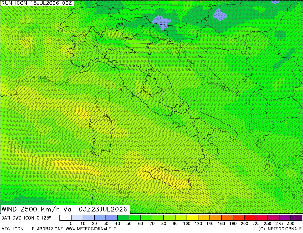 mappa 500 hPa Vento forza e direzione