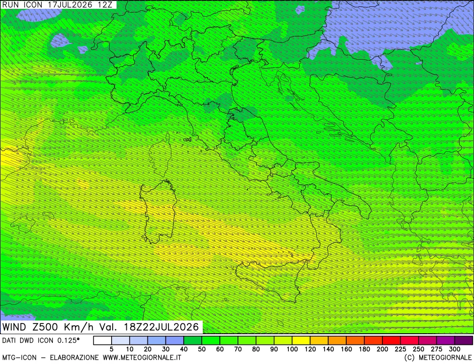 mappa 500 hPa Vento forza e direzione