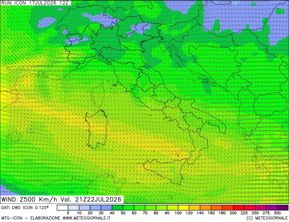 mappa 500 hPa Vento forza e direzione