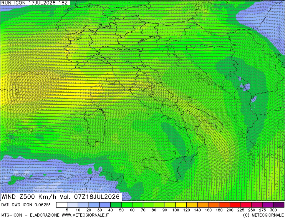 mappa 500 hPa Vento forza e direzione