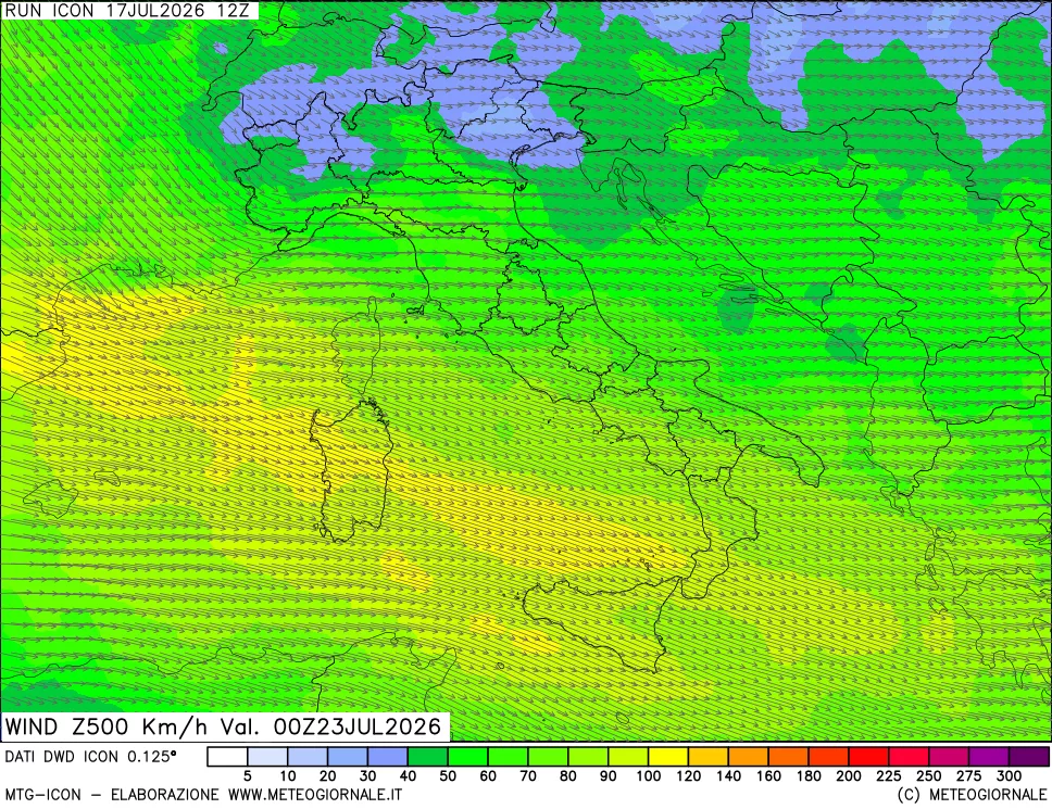 mappa 500 hPa Vento forza e direzione