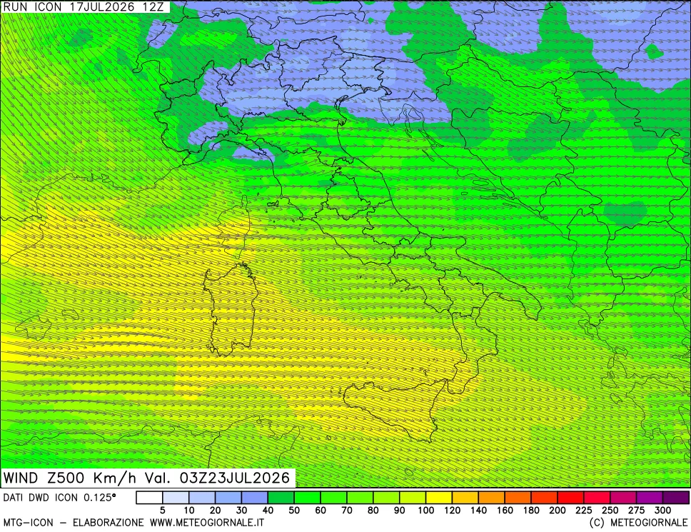 mappa 500 hPa Vento forza e direzione