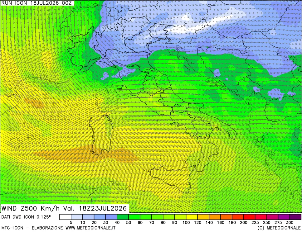 mappa 500 hPa Vento forza e direzione