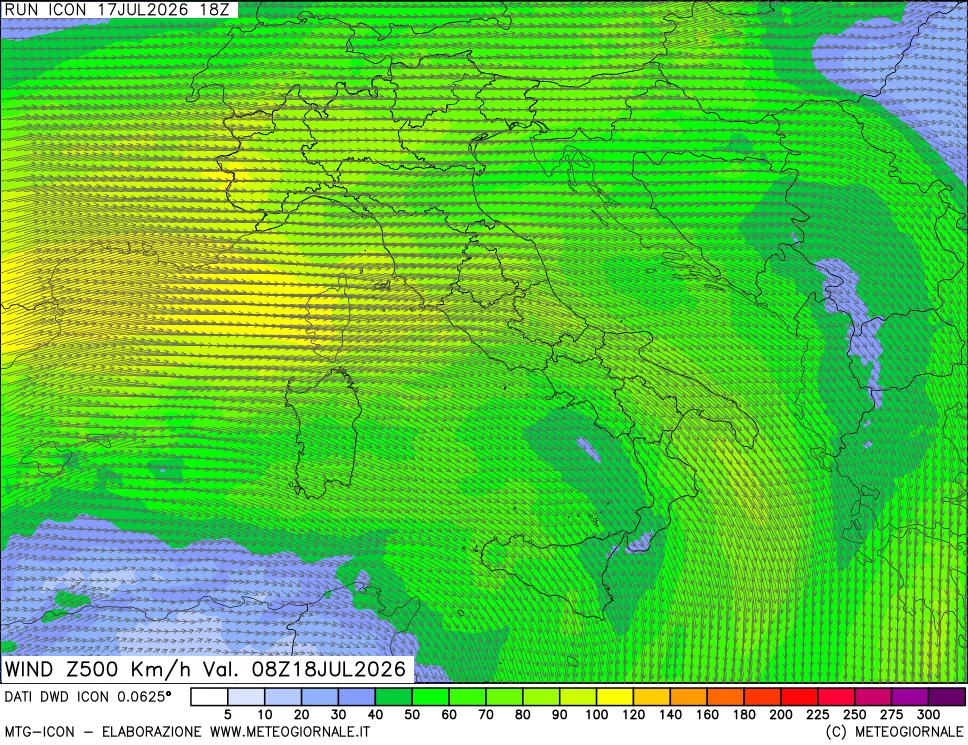 mappa 500 hPa Vento forza e direzione