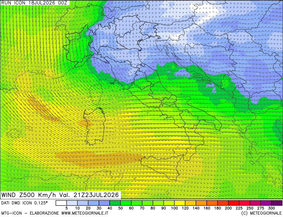 mappa 500 hPa Vento forza e direzione