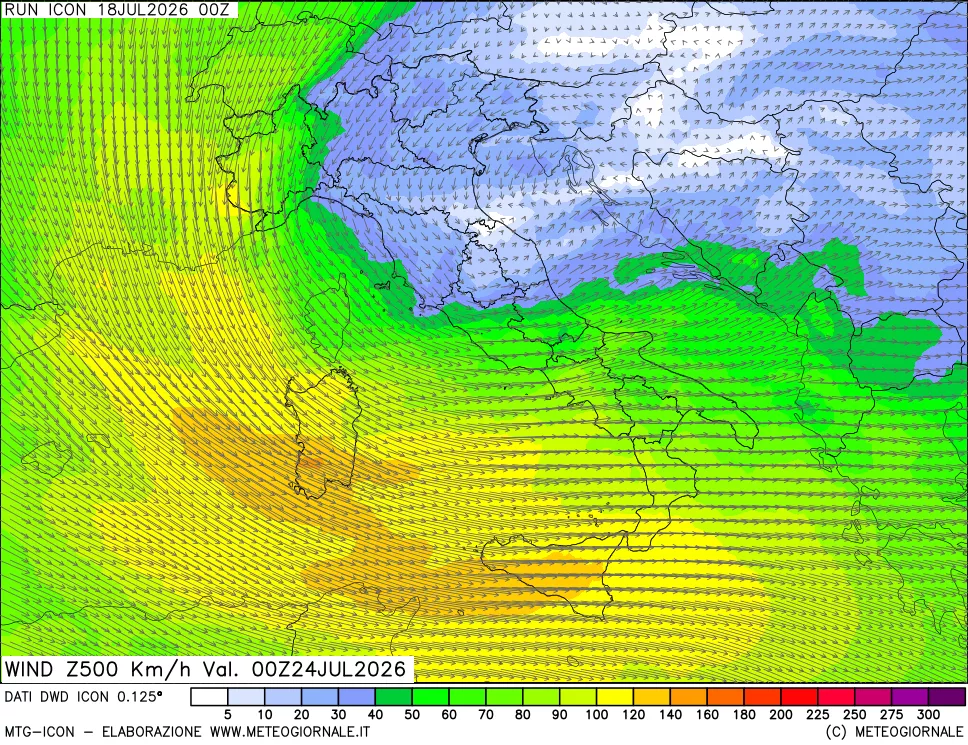 mappa 500 hPa Vento forza e direzione