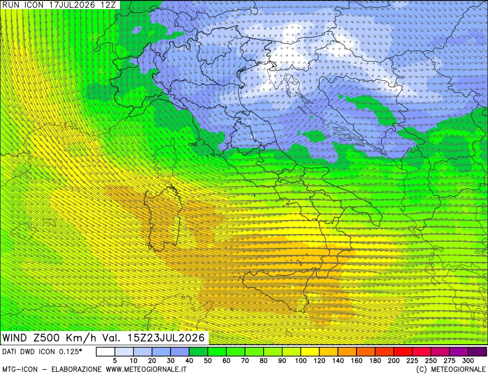 mappa 500 hPa Vento forza e direzione