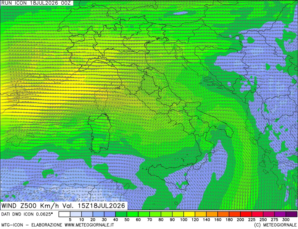 mappa 500 hPa Vento forza e direzione