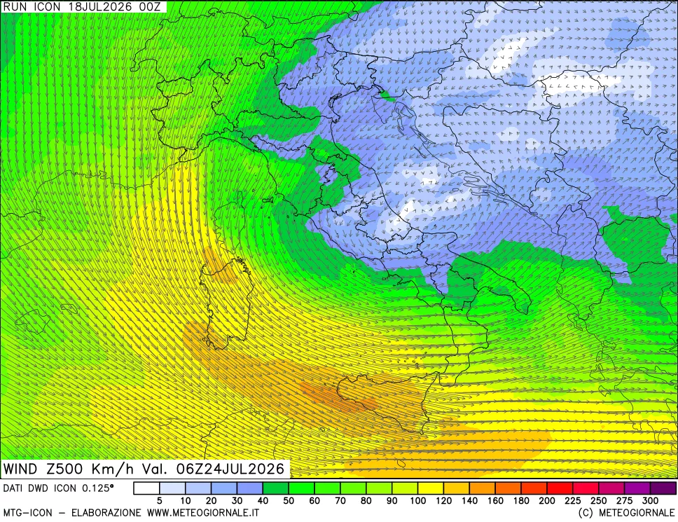 mappa 500 hPa Vento forza e direzione