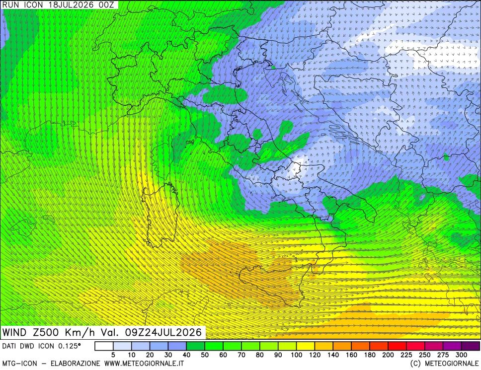 mappa 500 hPa Vento forza e direzione