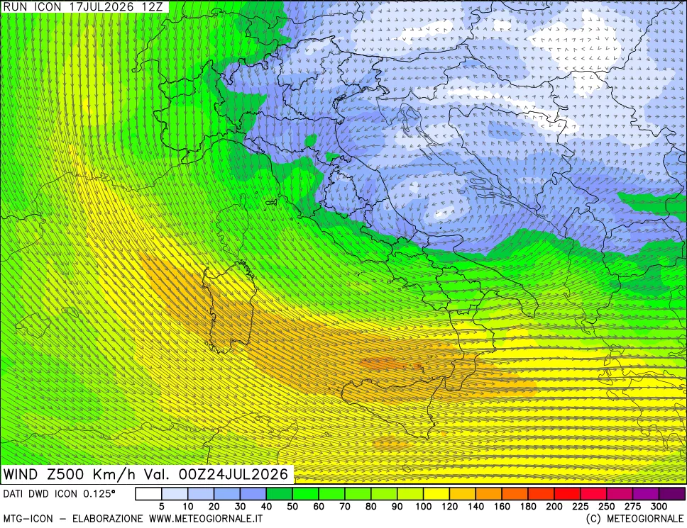 mappa 500 hPa Vento forza e direzione