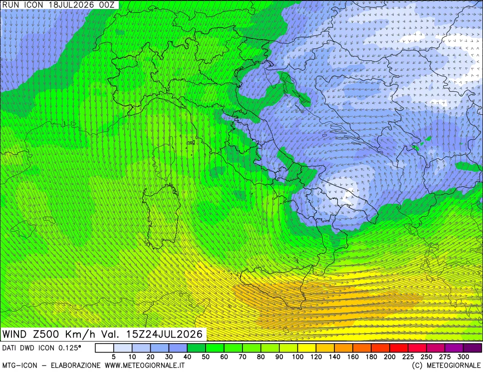 mappa 500 hPa Vento forza e direzione