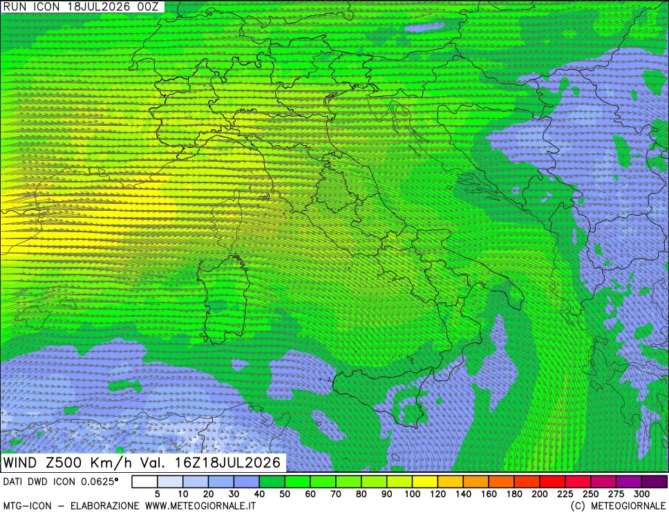 mappa 500 hPa Vento forza e direzione