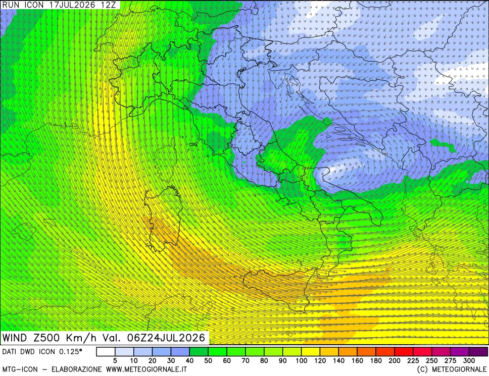 mappa 500 hPa Vento forza e direzione