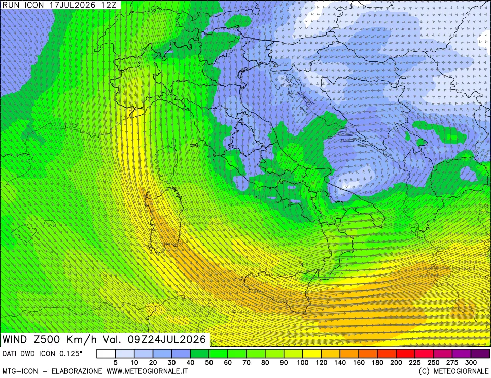 mappa 500 hPa Vento forza e direzione