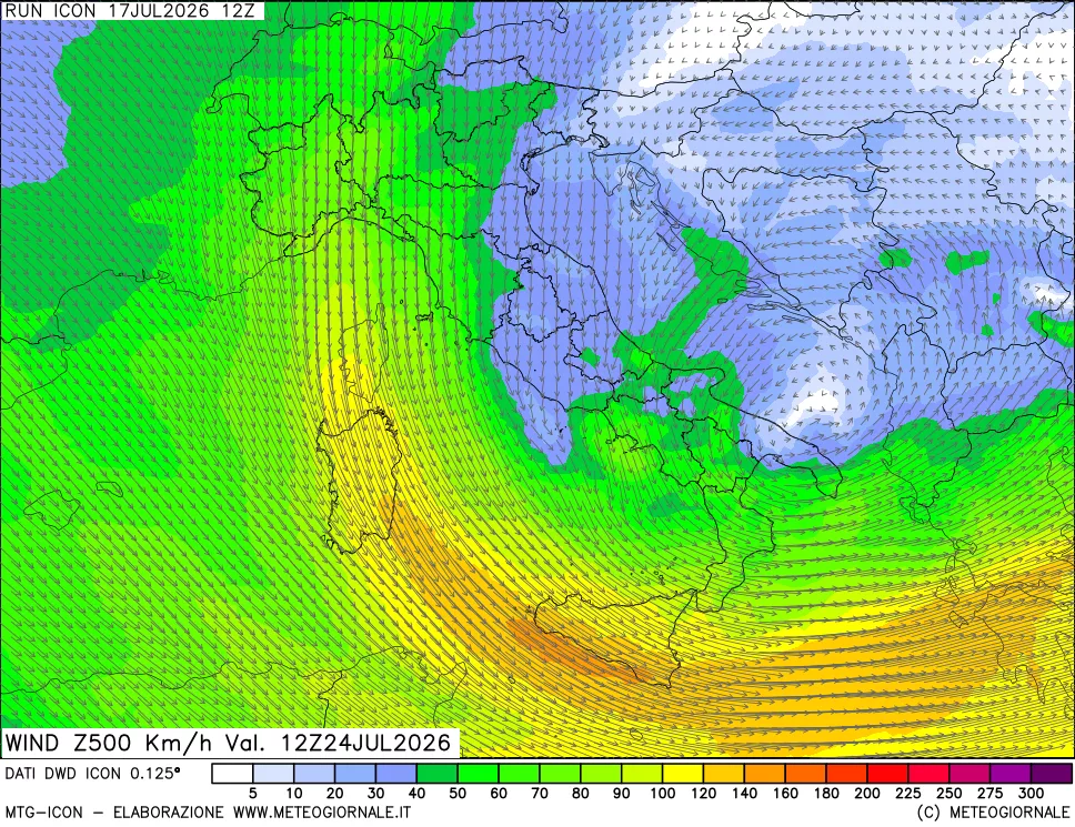 mappa 500 hPa Vento forza e direzione