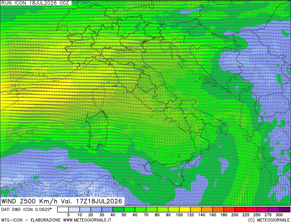 mappa 500 hPa Vento forza e direzione