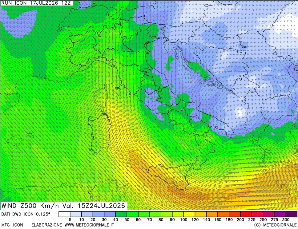mappa 500 hPa Vento forza e direzione