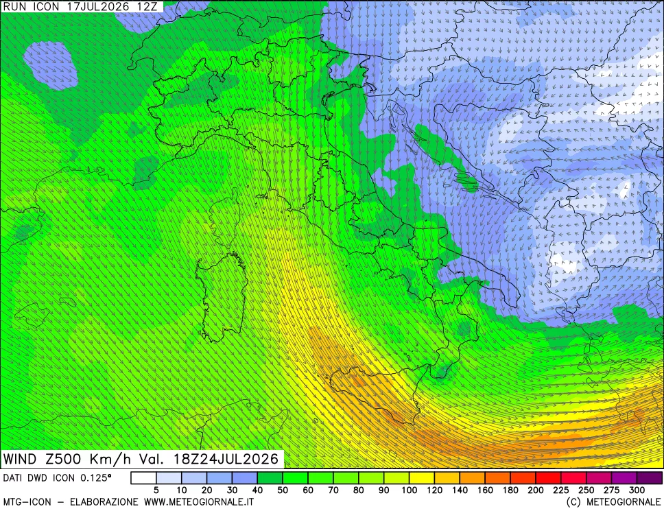 mappa 500 hPa Vento forza e direzione