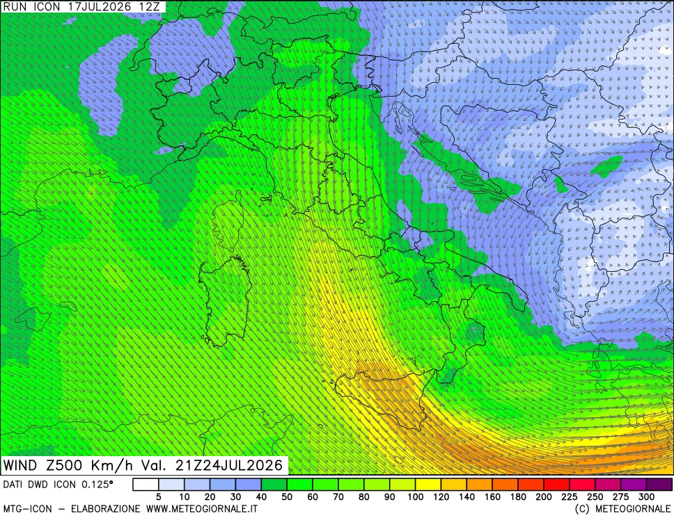 mappa 500 hPa Vento forza e direzione