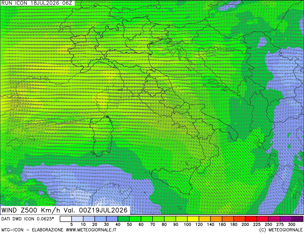 mappa 500 hPa Vento forza e direzione