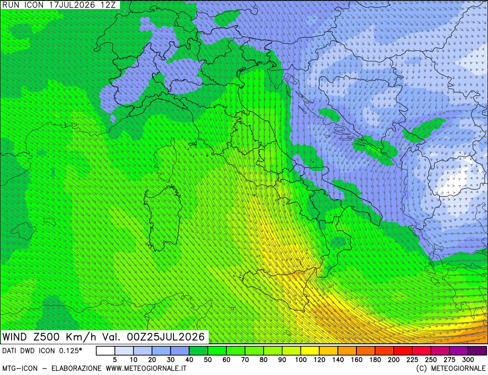 mappa 500 hPa Vento forza e direzione