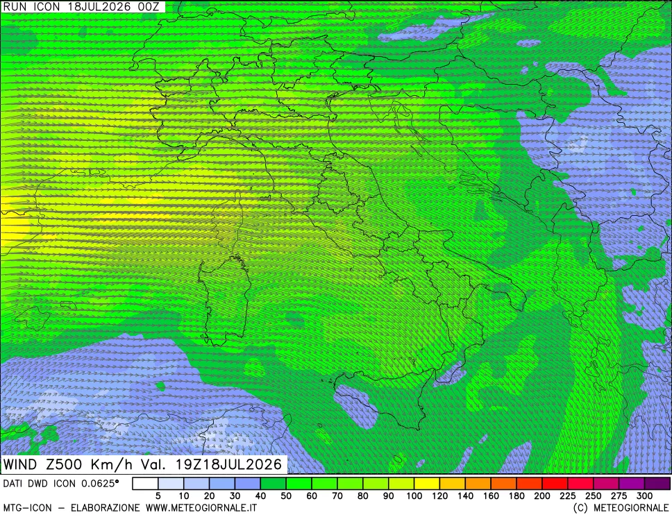 mappa 500 hPa Vento forza e direzione