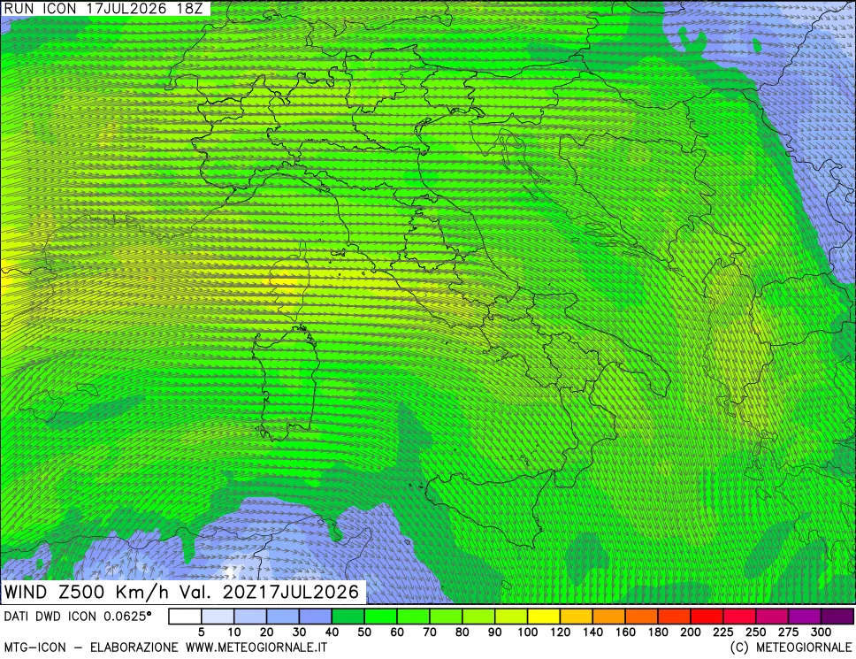 mappa 500 hPa Vento forza e direzione