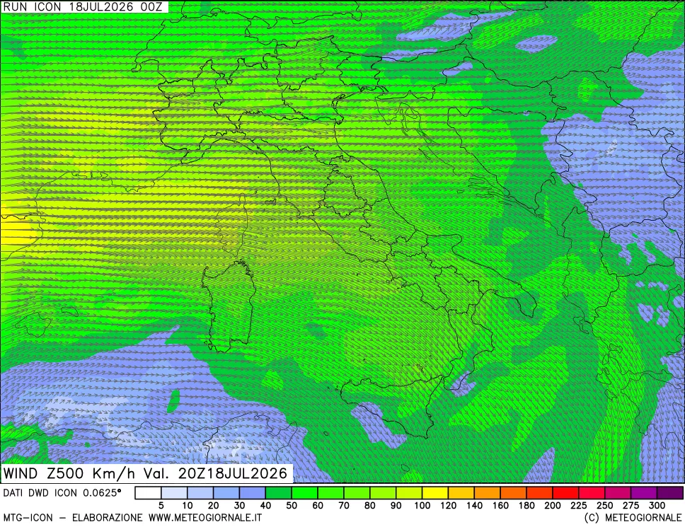 mappa 500 hPa Vento forza e direzione