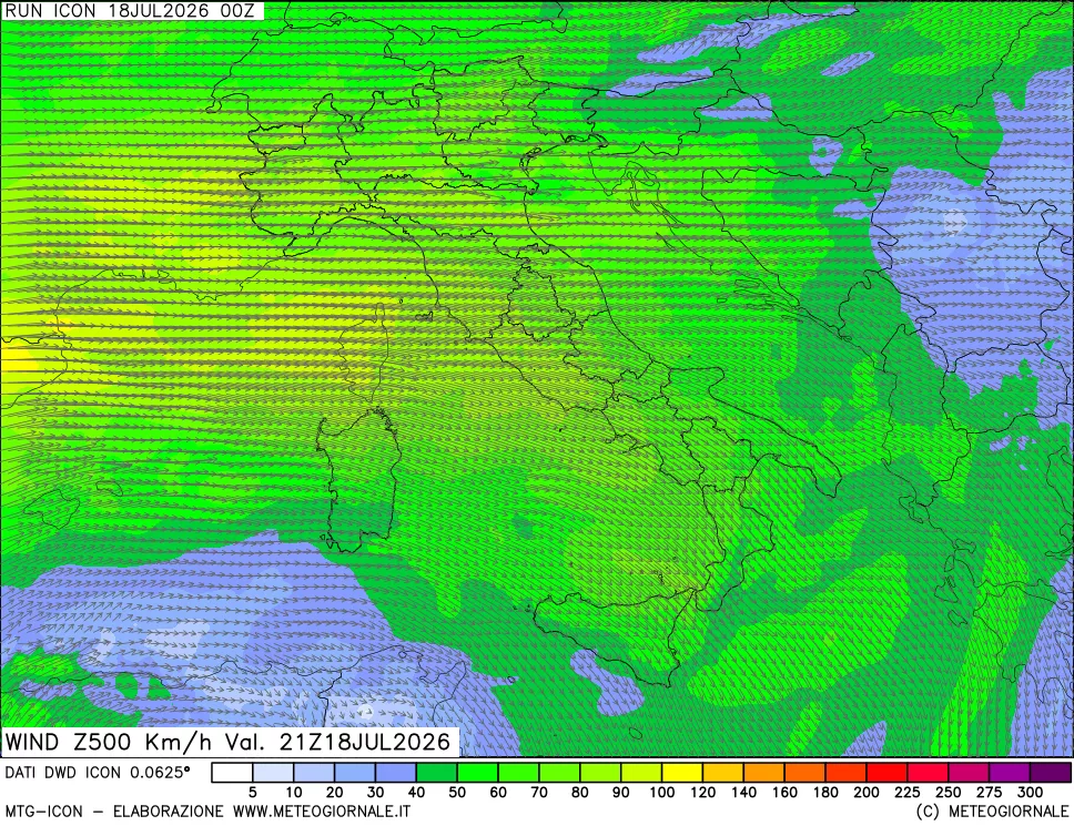 mappa 500 hPa Vento forza e direzione