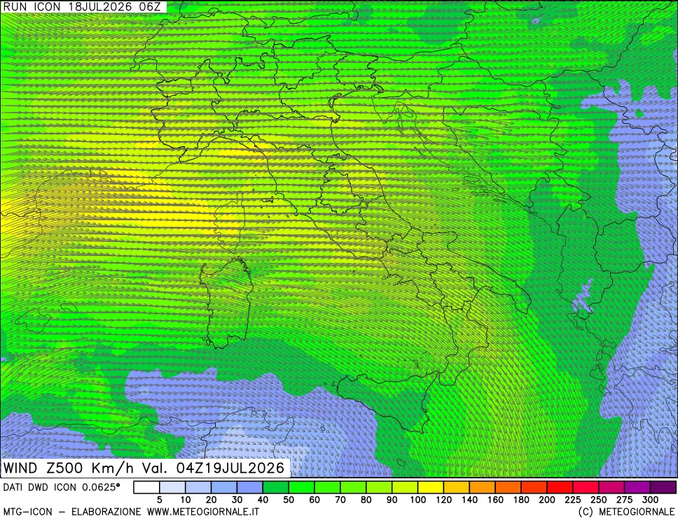mappa 500 hPa Vento forza e direzione