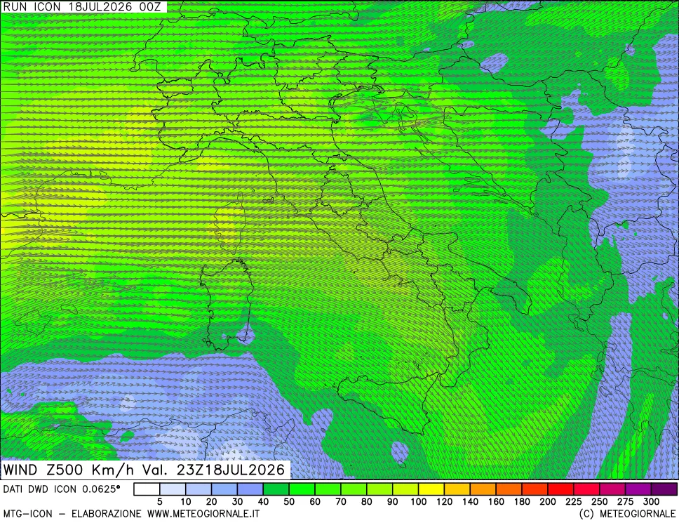 mappa 500 hPa Vento forza e direzione