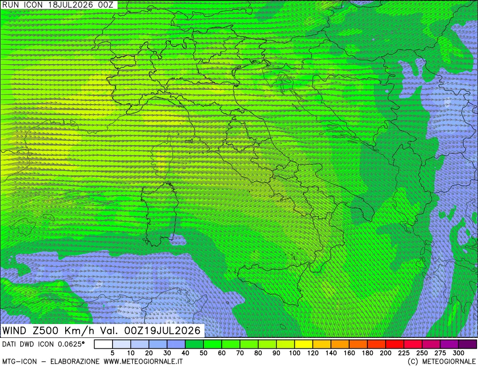 mappa 500 hPa Vento forza e direzione