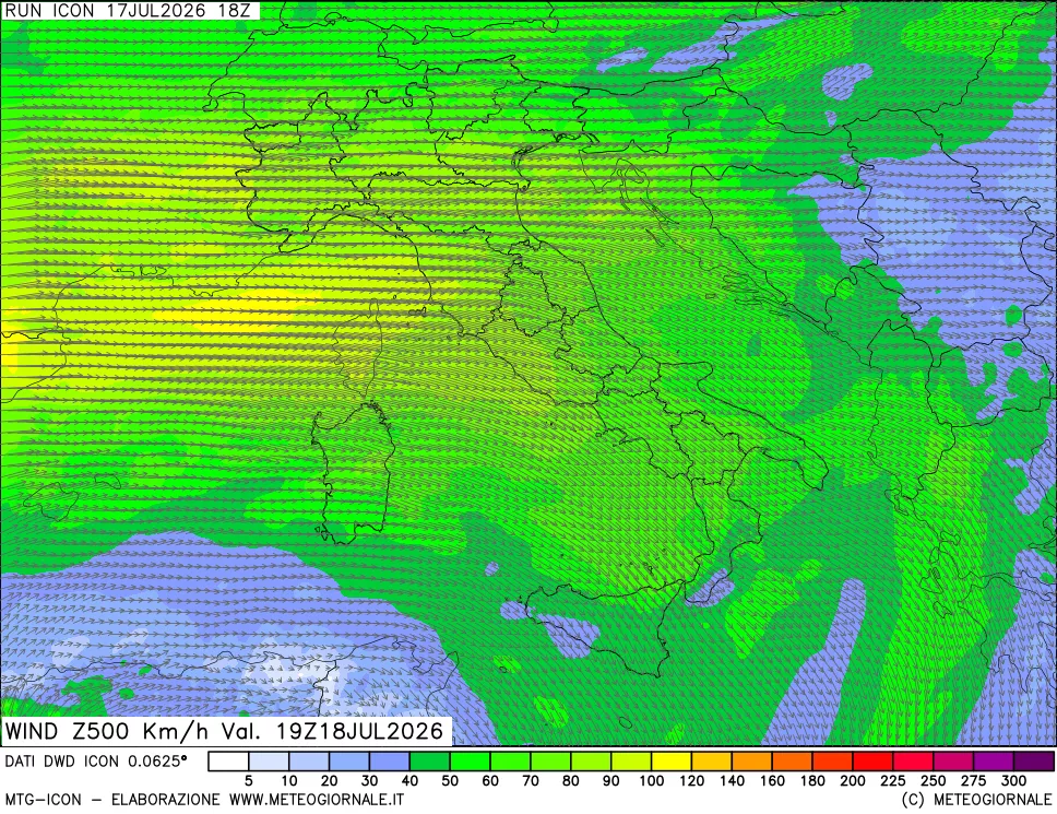 mappa 500 hPa Vento forza e direzione