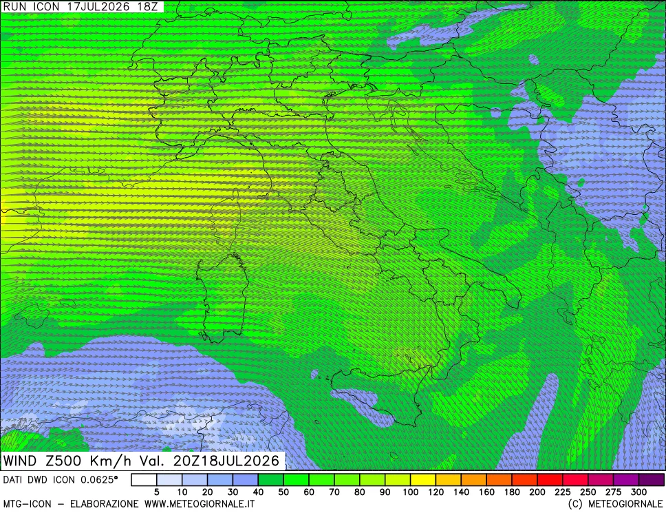 mappa 500 hPa Vento forza e direzione