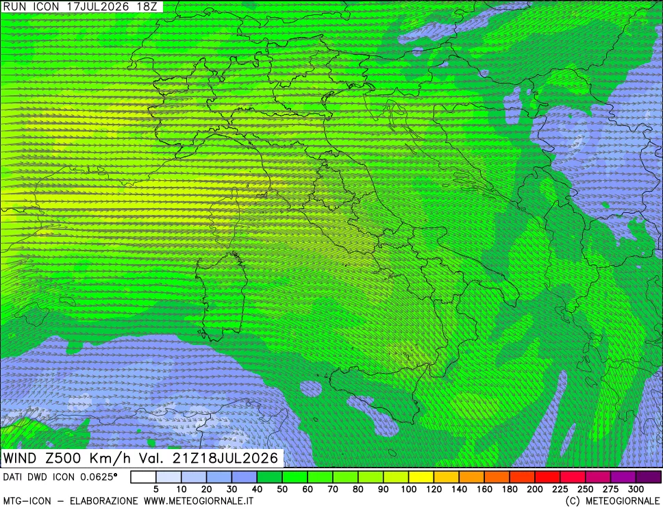 mappa 500 hPa Vento forza e direzione