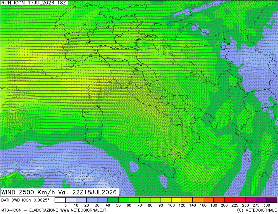 mappa 500 hPa Vento forza e direzione