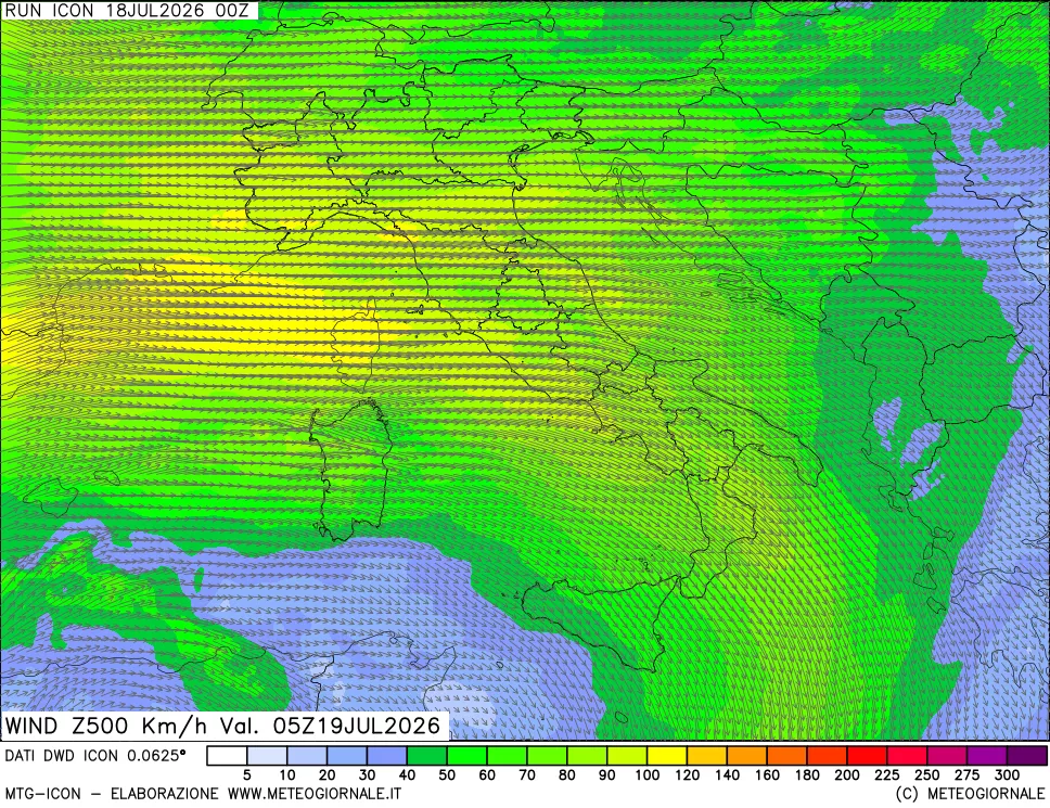 mappa 500 hPa Vento forza e direzione