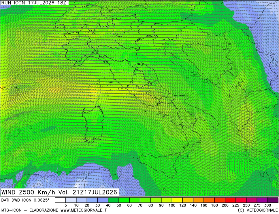 mappa 500 hPa Vento forza e direzione