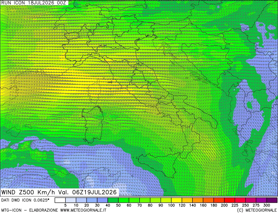 mappa 500 hPa Vento forza e direzione