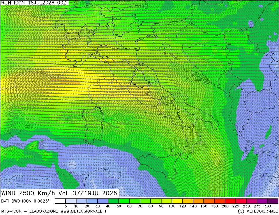 mappa 500 hPa Vento forza e direzione