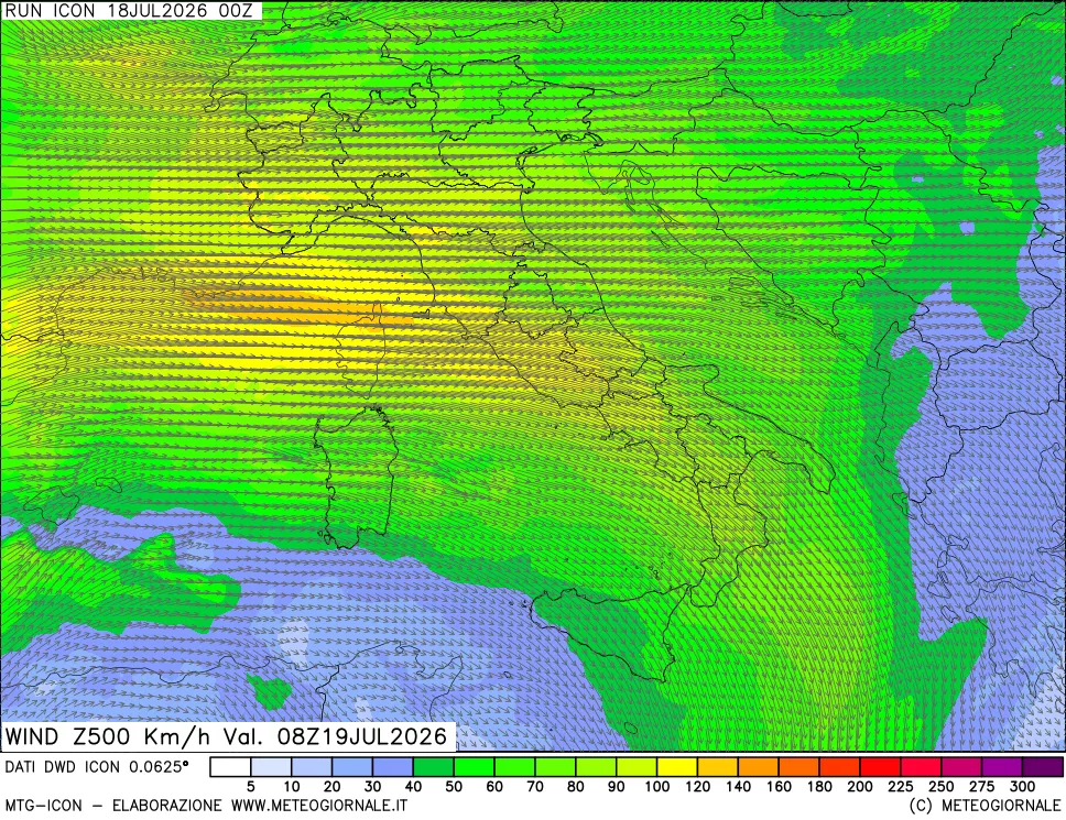 mappa 500 hPa Vento forza e direzione