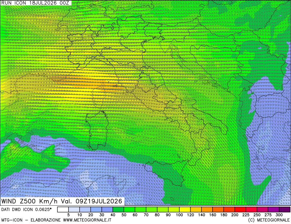 mappa 500 hPa Vento forza e direzione