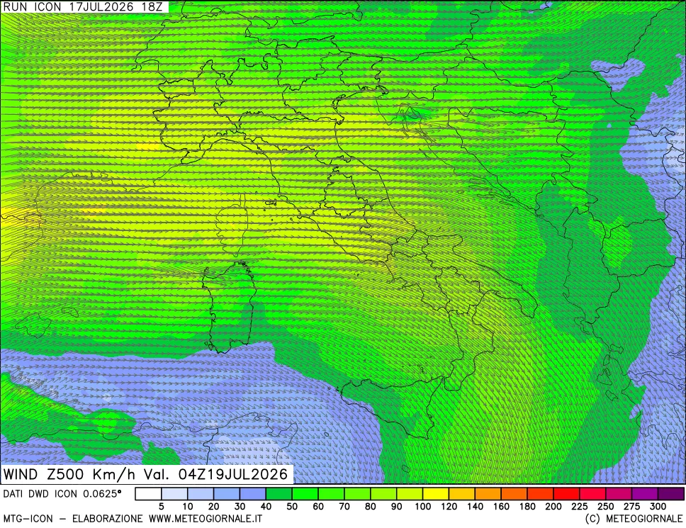 mappa 500 hPa Vento forza e direzione