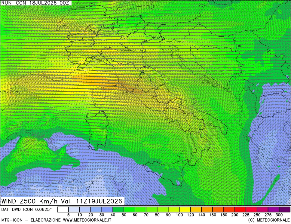 mappa 500 hPa Vento forza e direzione