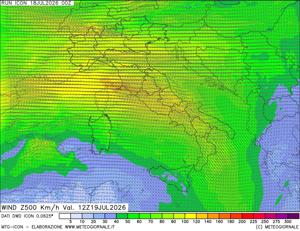 mappa 500 hPa Vento forza e direzione
