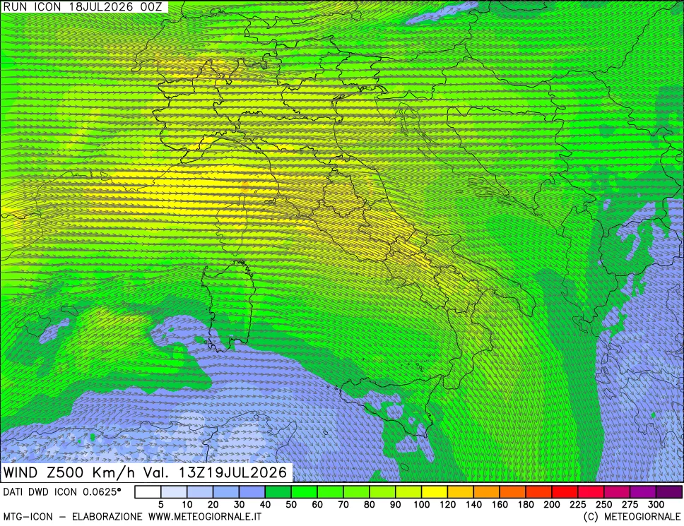 mappa 500 hPa Vento forza e direzione