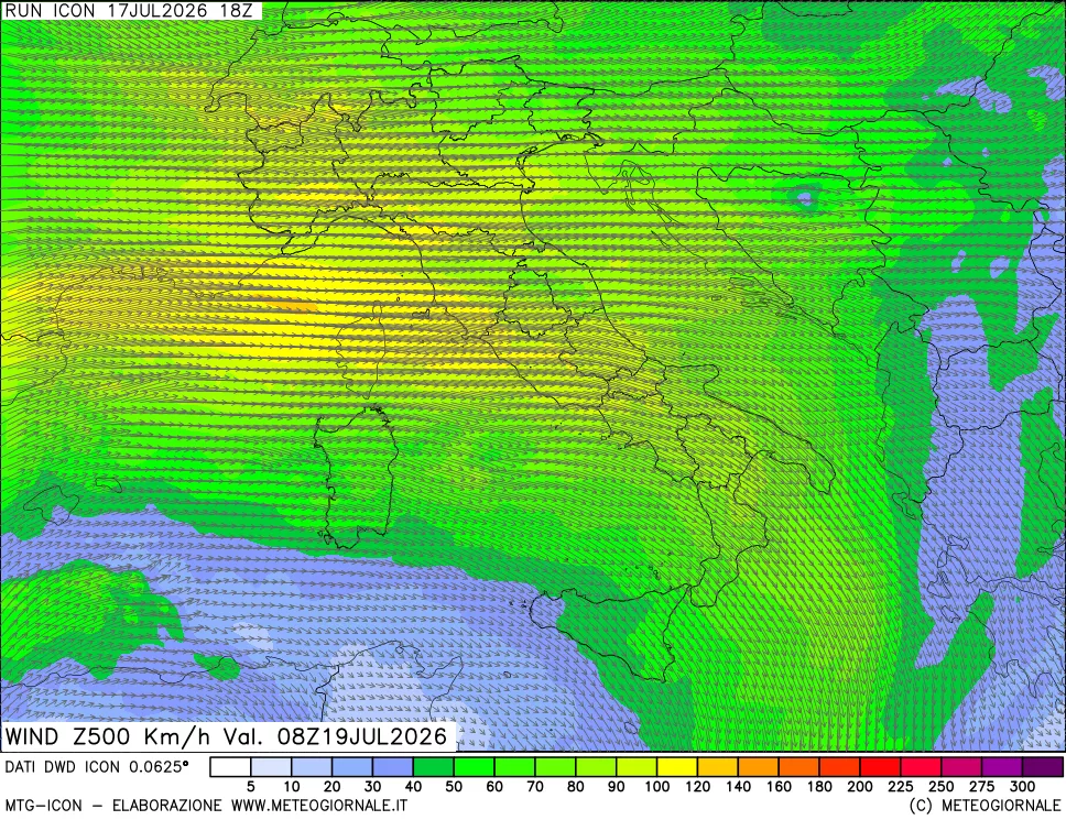 mappa 500 hPa Vento forza e direzione